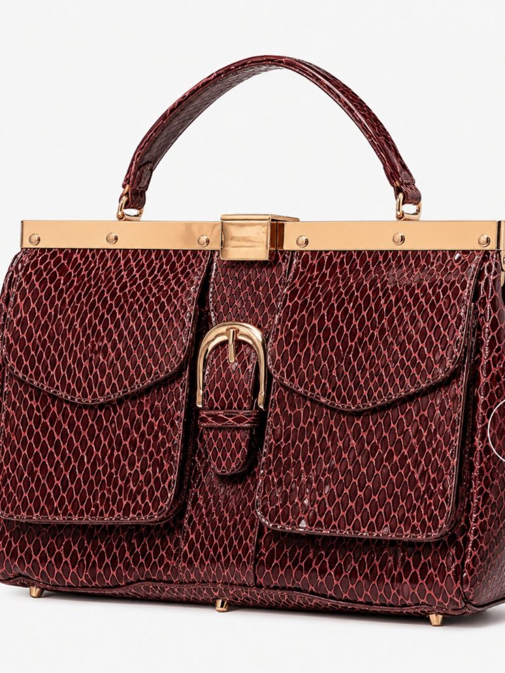 La Gioe di Toscana Leather Snakeskin Embossed Satchel Bag Rose Gold Hardware